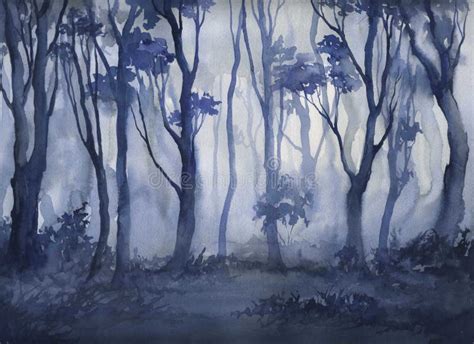 Fog in the Forest, Hand Drawing Watercolor Illustration Stock ...