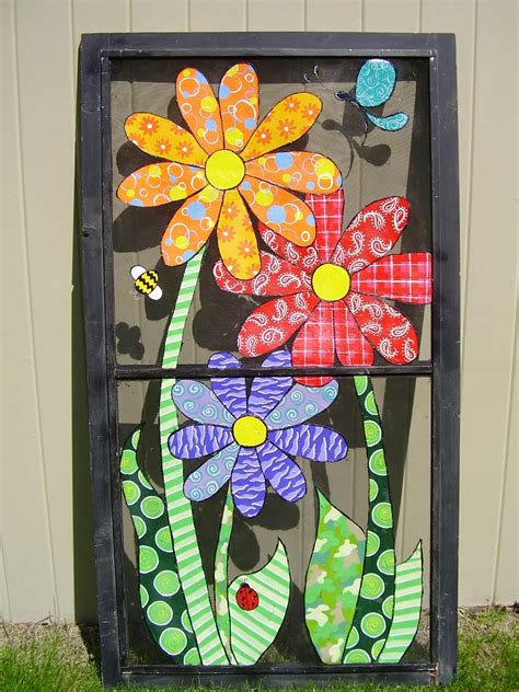 Crazy daisies on an old window screen | Window crafts, Painted window ...