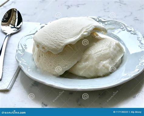 Turkish Tavuk Gogsu / Milk Baked Pudding Dessert with Ice Cream Stock Photo - Image of ...