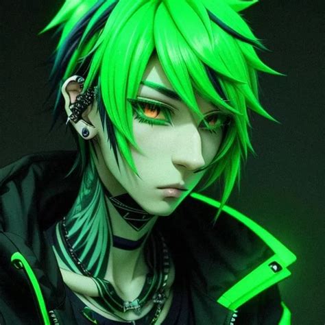 Ai Art Generator: Emo anime boy with half black half neon green hair with piercings