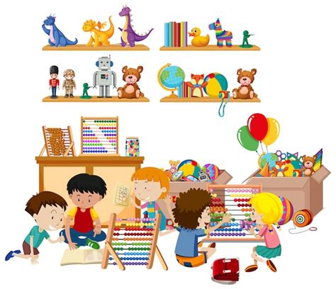 Free Vector | Scene with many kids playing toys in the room