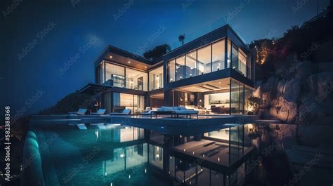 luxury house with pool in the night, generative ai Stock Illustration | Adobe Stock