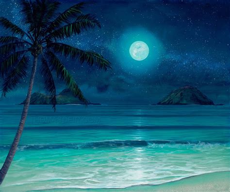 a painting of a beach scene with palm trees and the moon