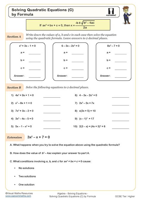 Solving Quadratic Equations (C) (by Quadratic Formula) Worksheet | Fun ...