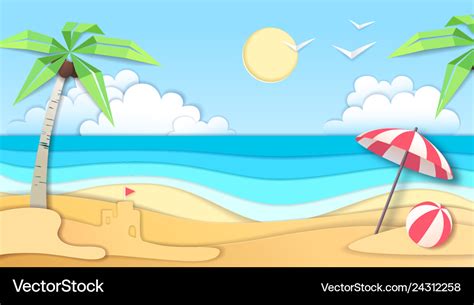 Landscape sea beach cut out paper art design Vector Image