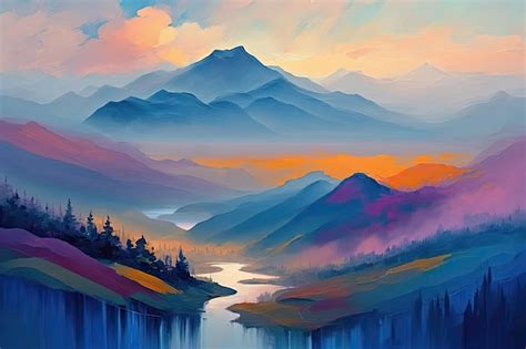 Premium Photo | Art design of landscape painting in amazing mountain in the forest