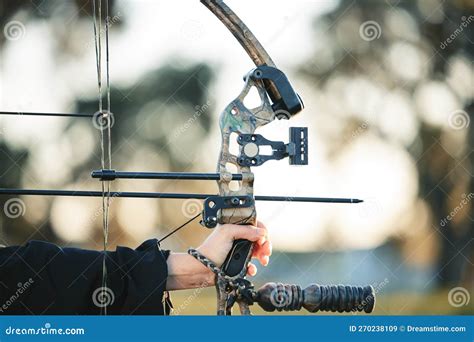 Archery Bow Closeup and Woman Hands at Shooting Range for Competition ...