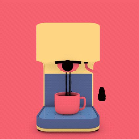 a coffee maker with a pink cup on it's side and an orange mug in the middle