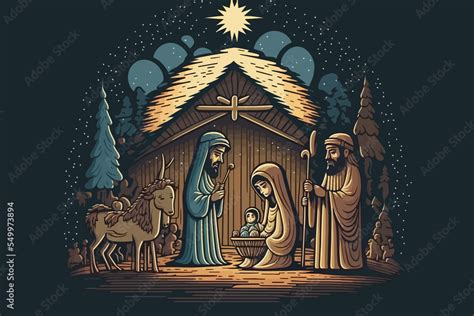 Nativity christian christmas scene. A simple Christmas drawing. Stock Illustration | Adobe Stock