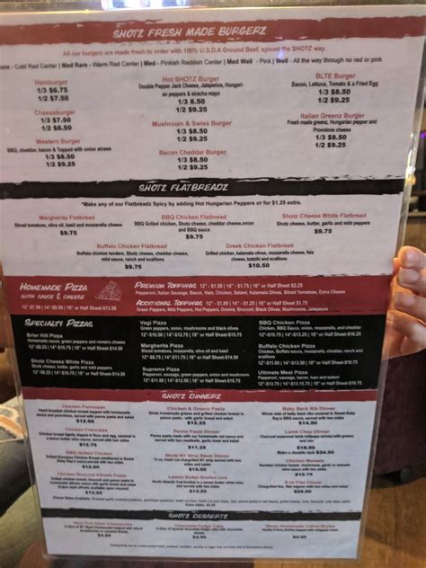 Menu at Shotz Bar & Grille, Austintown