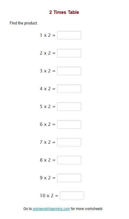 2 Times Table Worksheet (printable, online, answers)