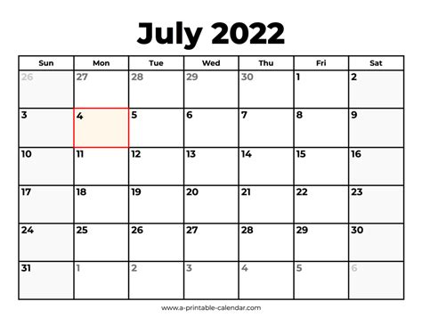 July 2022 Calendar Printable With Holidays