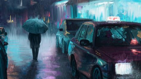 Download People Street Umbrella Car Rain Artistic Night HD Wallpaper