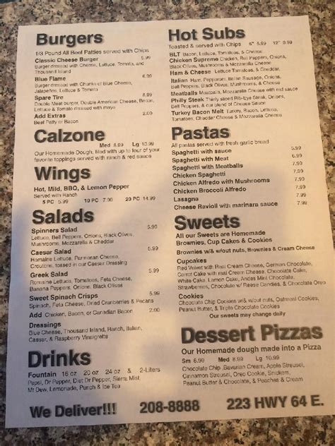 Menu at Spinners Pizza & Bakery, Wynne