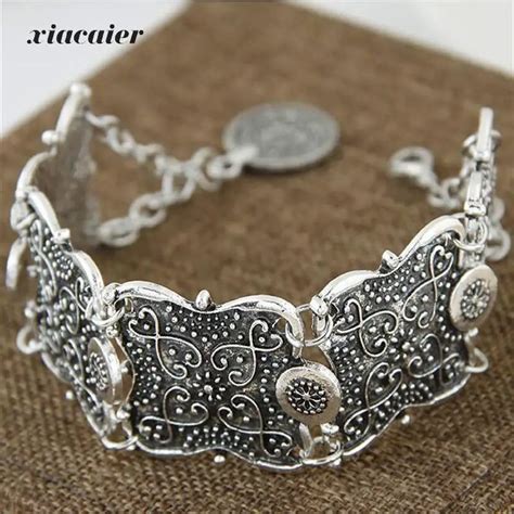 xiacaier Vintage Silver Plated Hollow Flower Cuff Bracelet Bangle Bracelets For Women Round ...