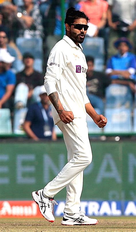 :New Delhi:India's Ravindra Jadeja reacts after bowling.