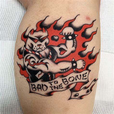 'Bad to the Bone' Traditional Tattoo by Bernard Kwok #SunsetTattooNZ Sunset Tattoos, Bone ...