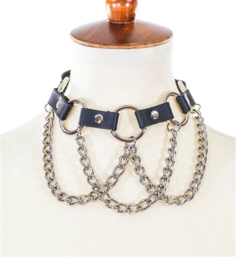 Leather Draped Chain O-ring Collar 0521 | Nightshade Corsets