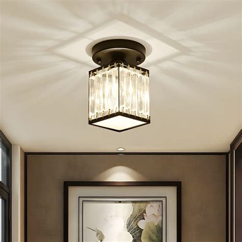 Square Small Foyer Flush Mount Simple Crystal 1 Bulb Black Semi Flush Mount Ceiling Light Close ...