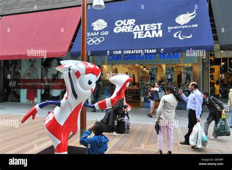 London 2012 Olympics mascots mascot Wenlock and Mandeville shop Westfield Stratford shopping ...