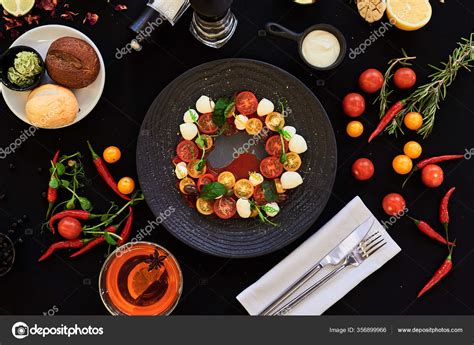 Appetizing Food Laid Out Black Background Food Photography Restaurant ...