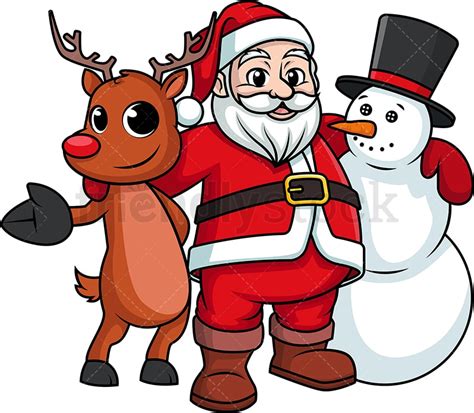 Santa Claus Hugging Snowman And Reindeer Cartoon Clipart Vector ...