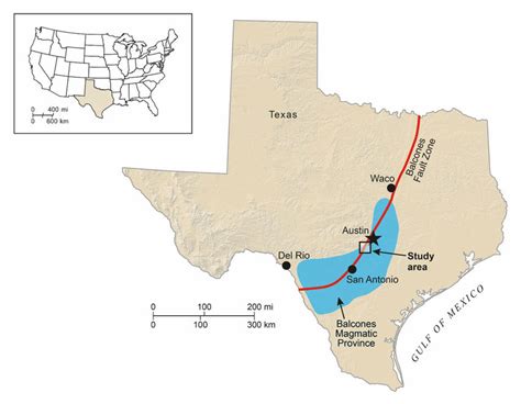 Maps showing the Balcones Magmatic Province and the Balcones Fault ...