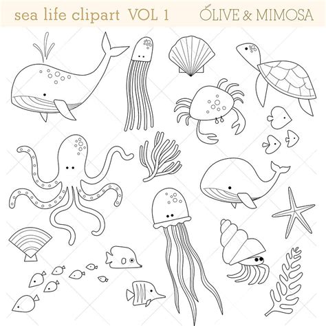 Sea Animals Clip Art Images VOL 1 Black & White Outline, Sea Life ...