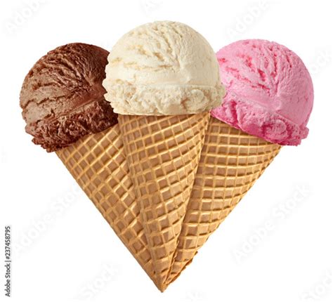 Strawberry, chocolate and Vanilla ice cream scoops on cone isolated on white background - Buy ...