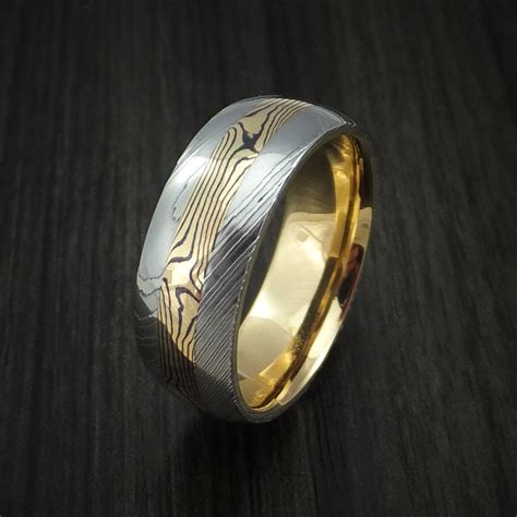 Damascus Steel Men's Ring with 18K Yellow Gold Mokume and 18K Yellow G | Revolution Jewelry