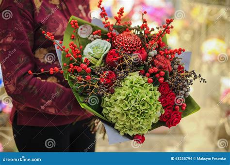 Beautiful Red and Green Flowers Bouquet Stock Photo - Image of natural, berries: 63255794