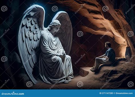 Big White Angel Talking To a Man in a Cave Stock Illustration ...