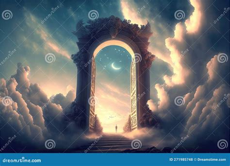 Heaven Fantasy Gate with Bird S Wing in the Colorful Skyline. Stock ...