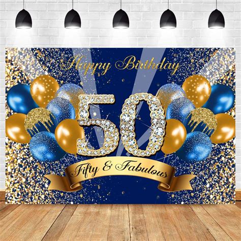 Buy Withu 50th Happy Birthday Backdrop Glitter Sequins Royal Blue Gold Balloons Party Cake Table ...