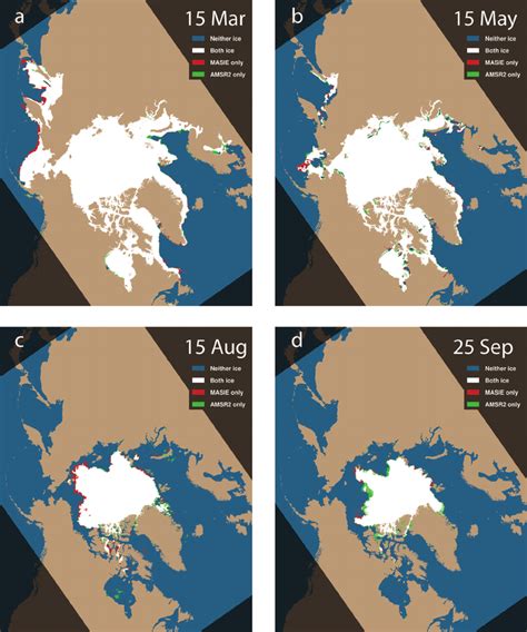 Map of Arctic sea-ice extent for four days in 2010, showing regions ...