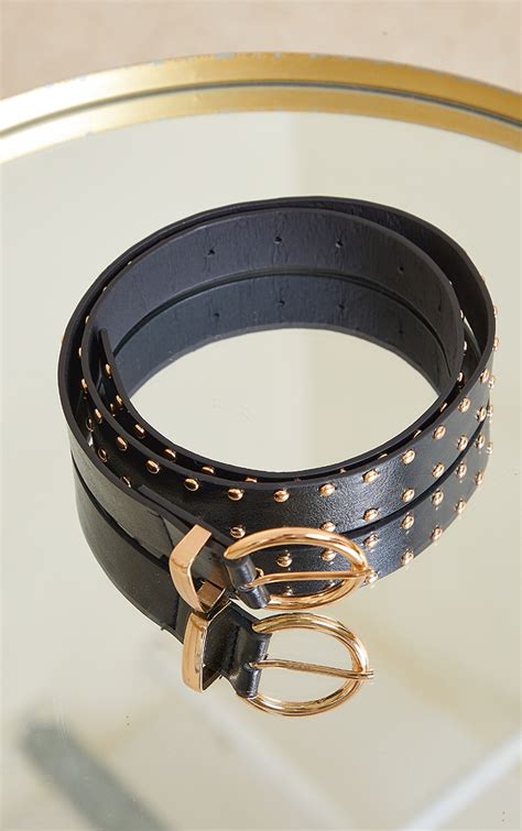 Black Pu Studded Gold Waist Belt | PrettyLittleThing USA