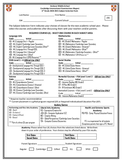 Fillable Online 6th Grade Subject Selection Form Fax Email Print - pdfFiller