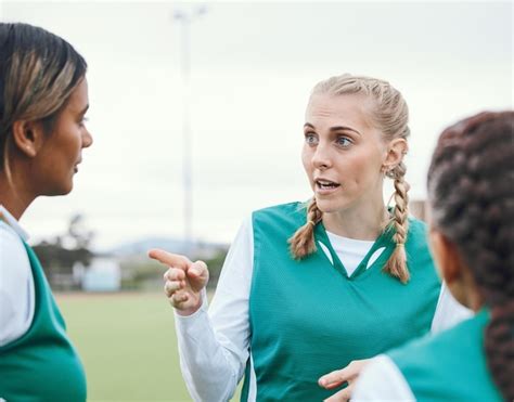 Premium Photo | Sports hockey team and women planning strategy outdoor ...