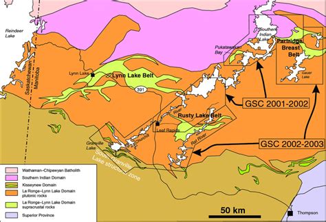 Simplified geological map of the greater Lynn Lake area, showing the... | Download Scientific ...