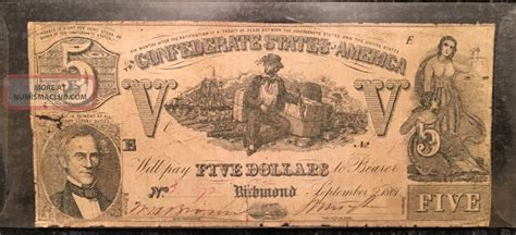 1861 Confederate States Of America $5 Five Dollar Bill Civil War Currency Note