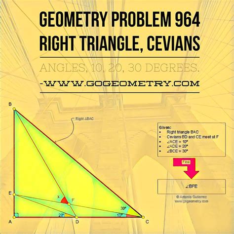 Geometry Problem 964: Right Triangle, Cevians, Angles, 10, 20, 30 Degrees, Typography, iPad ...