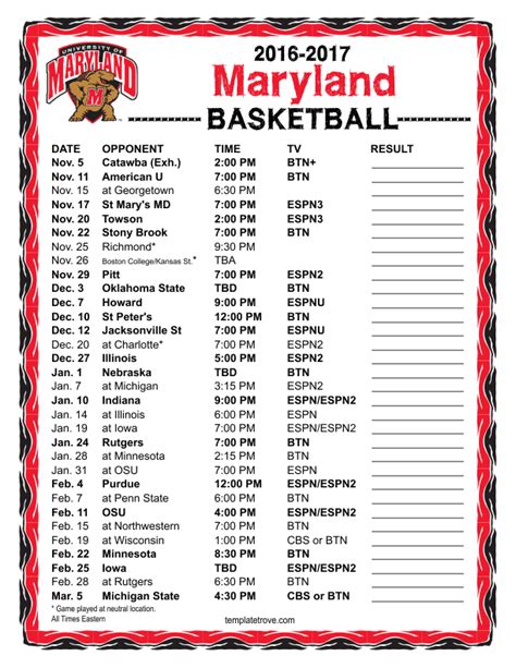Printable 2016-2017 Maryland Terrapins Basketball Schedule