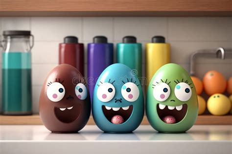 Easter Eggs Cute Character on a Kitchen Furniture. Colorful Eggs Cartoons Characters. Stock ...