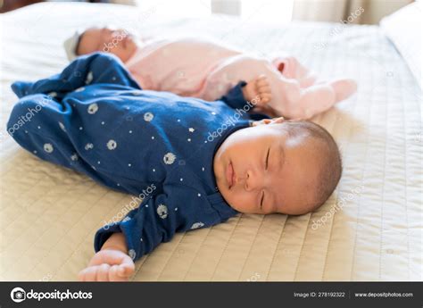 Cute Twin Babies Sleeping Peacefully Bed Bedroom Stock Photo by ...