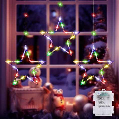 Quntis 60LED 3Stars Color Changing Christmas Window Star Lights ...