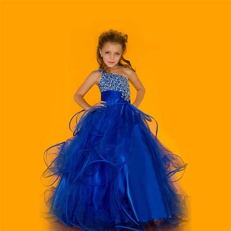 One Shoulder Blue Beauty Pageant Dresses for Girls Glitz Beading Ruffles Girls Long Pageant ...