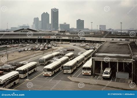 Bus Depot with View of the City Skyline, with Tall Buildings and Busy ...