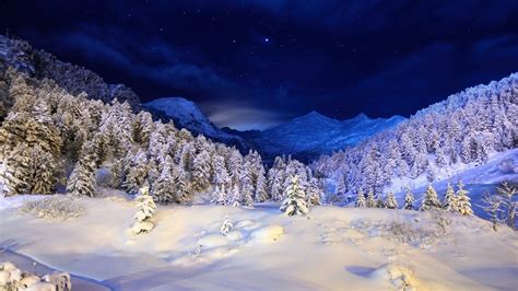 Download Wallpaper 1920x1080 Winter night, mountains, stars, snow, forest, trees Full HD Background