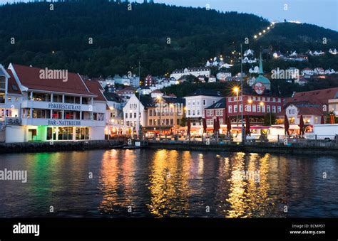 Bergen Norway Bryggen night exposure old town old and harbor with pier ...