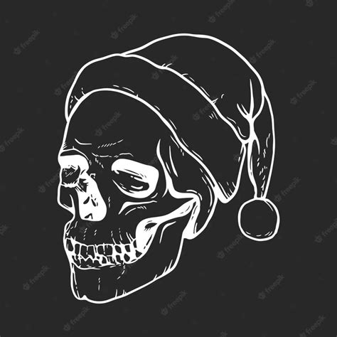 Premium Vector | Hand drawn santa claus skull line art drawing on black background